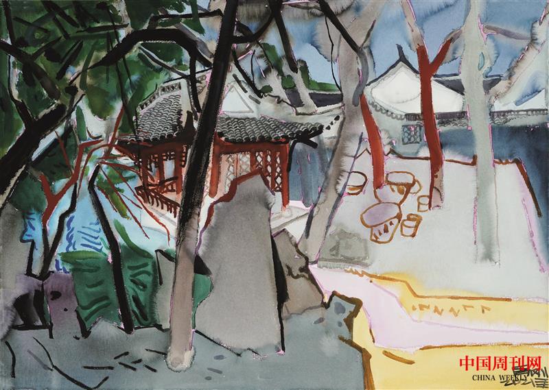 2021年周剛水彩畫(huà)——《綺園聽(tīng)琴閣》尺寸75x105cm，2021年.jpg